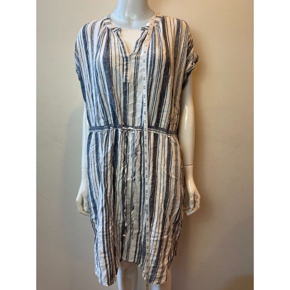 Time and Tru Womens Striped Sheath Dress Split V Neck Round Hem White Gray SZ L - Picture 3 of 8